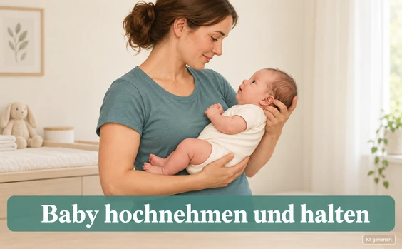 Mutter hält Baby im Arm. Text: Baby hochnehmen, halten und ablegen