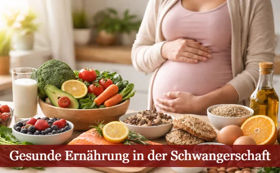 Schwangere Frau vor Tisch mit vielen gesunden Lebensmitteln in der Küche. Text: Gesunde Ernährung in der Schwangerschaft