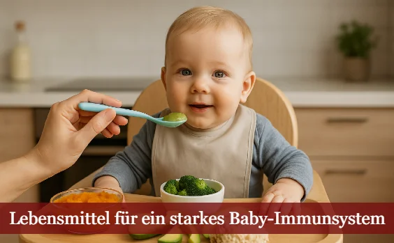 Baby wird mit gesunder Beikost gefüttert. Text: Lebensmittel für ein starkes Baby-Immunsystem