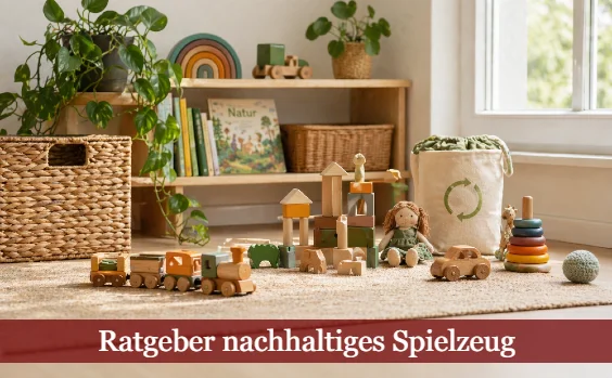 Beispiele für nachhaltiges Spielzeug in einem Kinderzimmer. Text: Ratgeber nachhaltiges Spielzeug