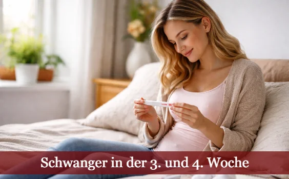 Frau liegt auf einem Bett und betrachtet lächelnd einen Schwangerschaftstest. Text: Schwanger in der 3. und 4. Woche