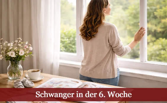 Frau am Fenster, auf dem Tisch Babykataloge. Text: Schwanger in der 6. Woche