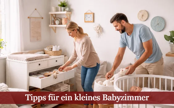 Paar mit Baby in Babyzimmer. Text: Tipps für ein kleines Babyzimmer